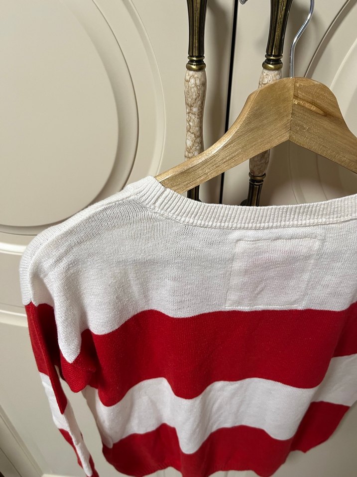 Kırmızı Beyaz Çizgili Kadın Triko Kazak - Görsel 5