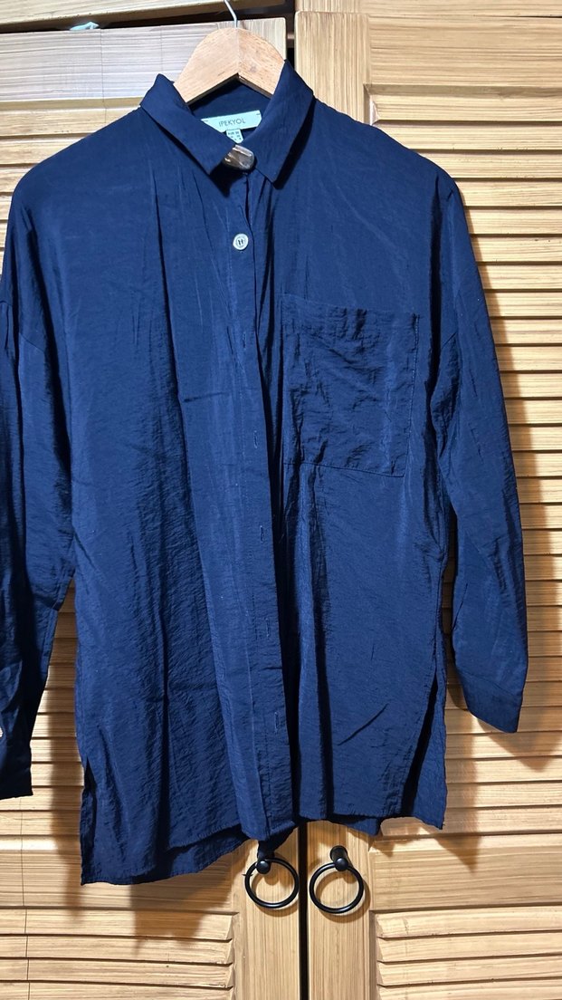 İpekyo Lacivert Kısa Kollu Keten Gömlek - Görsel 2