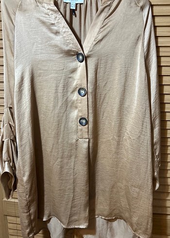 Bej Parıltılı Uzun Keten Gömlek - Görsel 2