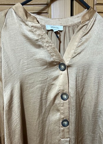 Bej Parıltılı Uzun Keten Gömlek - Görsel 4