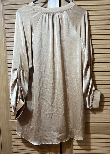 Bej Parıltılı Uzun Keten Gömlek - Görsel 5