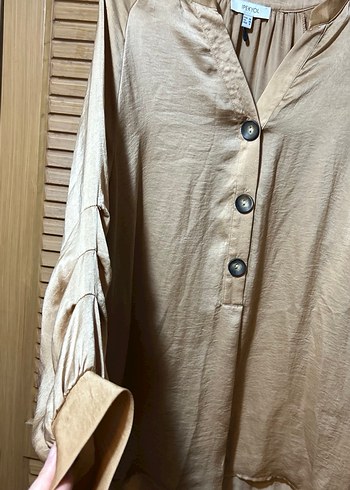 Bej Parıltılı Uzun Keten Gömlek - Görsel 3