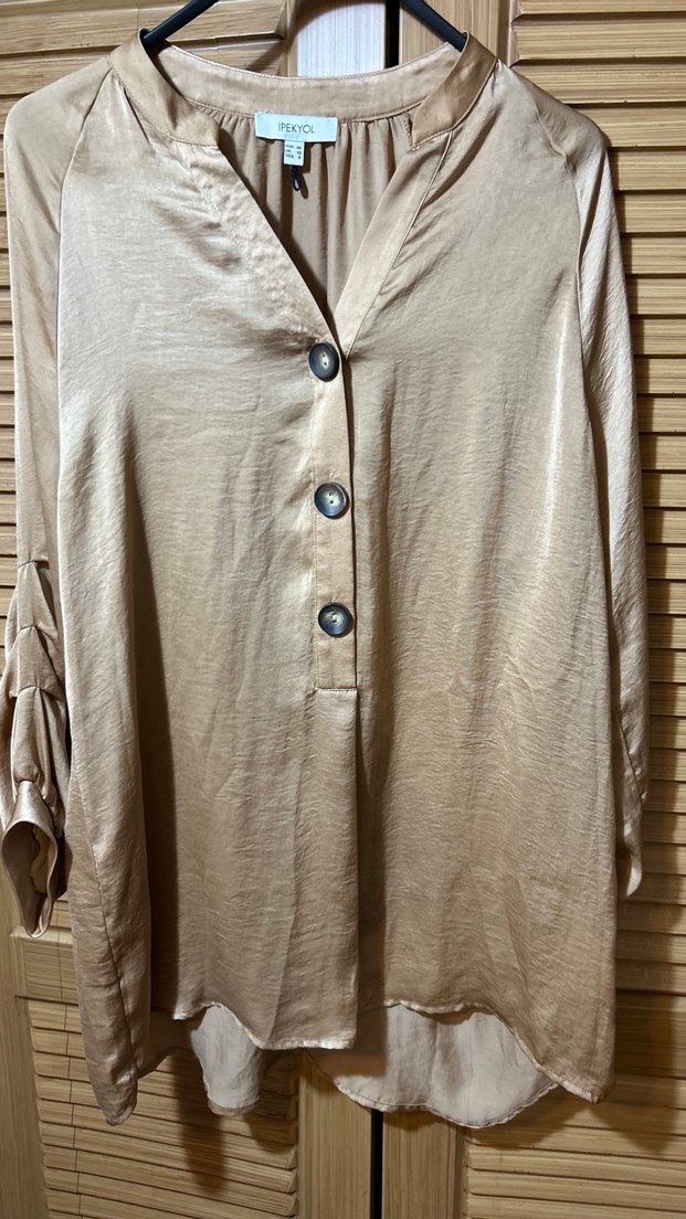 Bej Parıltılı Uzun Keten Gömlek - Görsel 2