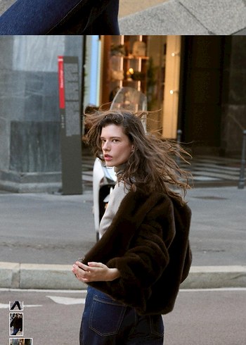 Kahverengi Tüylü Yaka Detaylı Midi Kadın Sweatshirt - Görsel 5