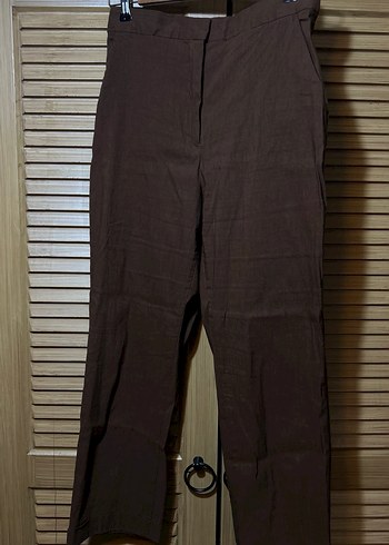 Düğmeli Kahverengi Keten Kadın Pantolon - Görsel 3