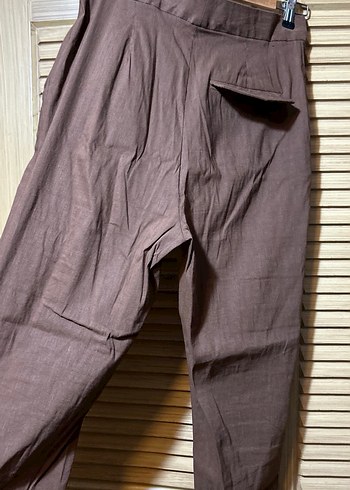 Düğmeli Kahverengi Keten Kadın Pantolon - Görsel 2