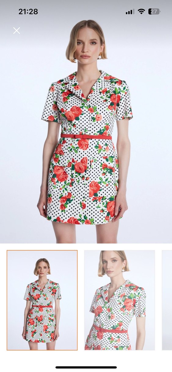 Kısa Beyaz Puantiyeli Çiçekli V Yaka Elbise - Görsel 2