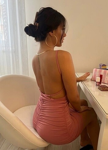xs Beden Degaje Yaka Elbise Büzgülü Sırt Dekolte Gül Kurusu İnce Askılı