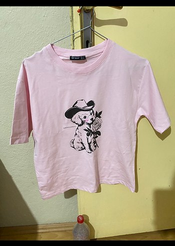 Pembe Baskılı Pamuklu Kısa Kollu Tişört