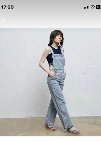 Kadın Gri Denim Askılı Tulum