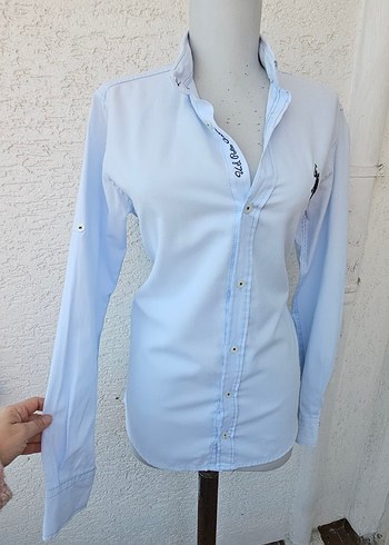 Mavi Pamuklu Kadın Gömlek, Uzun Kollu, Düğmeli - Görsel 4
