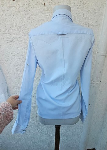 Mavi Pamuklu Kadın Gömlek, Uzun Kollu, Düğmeli - Görsel 2