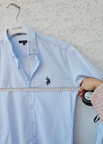 Mavi Pamuklu Kadın Gömlek, Uzun Kollu, Düğmeli - Görsel 7