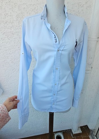 Mavi Pamuklu Kadın Gömlek, Uzun Kollu, Düğmeli - Görsel 8