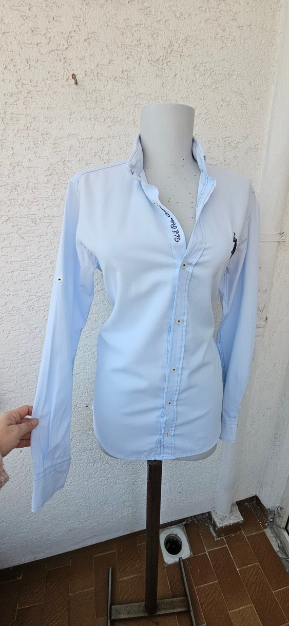 Mavi Pamuklu Kadın Gömlek, Uzun Kollu, Düğmeli - Görsel 4