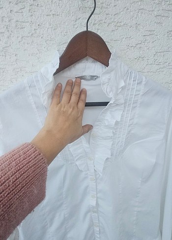 Beyaz Fırfırlı Pamuklu Kadın Gömlek - Görsel 3