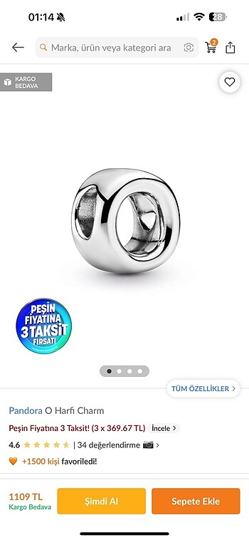 Beden gri Renk Pandora O harfi charm