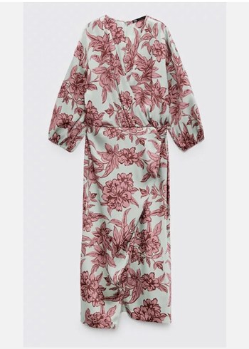 Zara Pembe Desenli Uzun V Yaka Elbise - Görsel 3