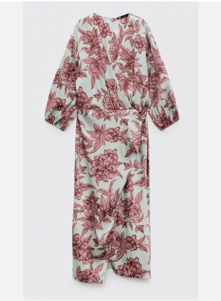 Zara Pembe Desenli Uzun V Yaka Elbise - Görsel 3