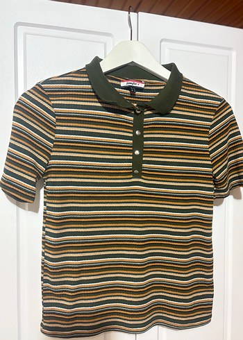 Vintage Love Kahverengi ve haki Çizgili Polo Tişört