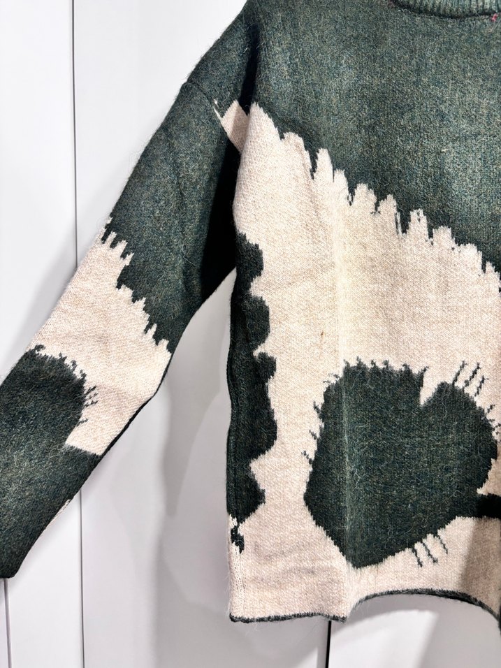 Yeşil Batik Desenli Kadın Örgü Yün Kazak - Görsel 2