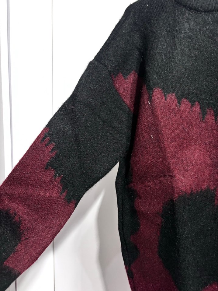 Bordo Siyah Batik Desenli Örgü Yün Kazak - Görsel 2