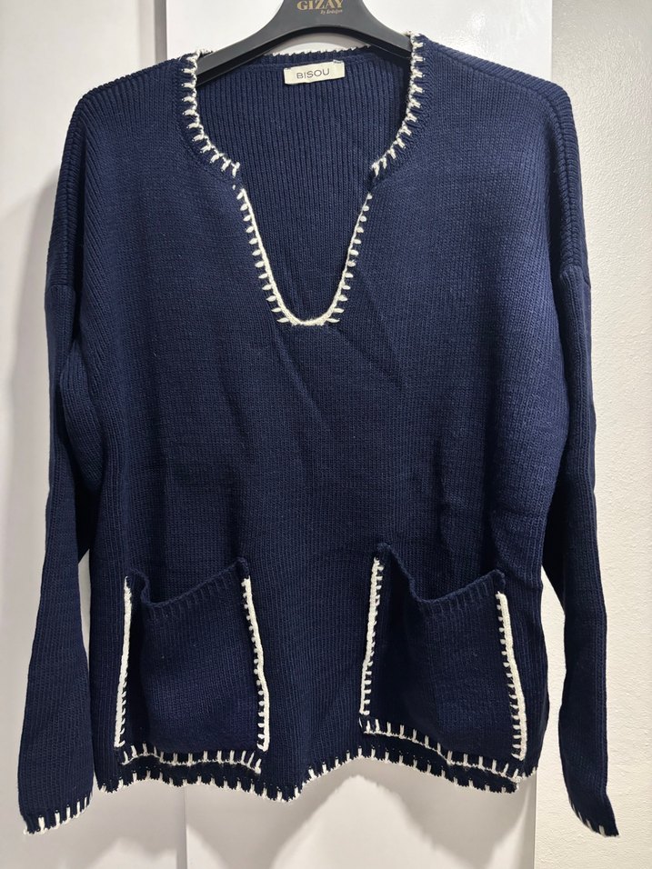 Lacivert Nakışlı Uzun Kollu Bohem Kazak - Görsel 2