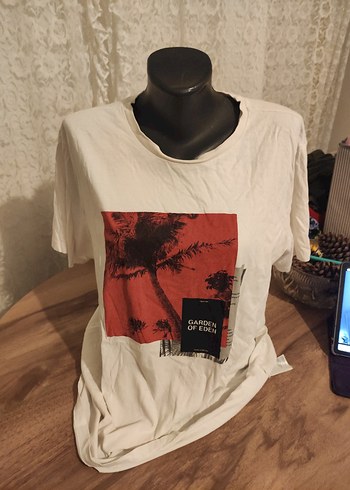 H&M Ekru Palmiye Baskili Rahat Tisort