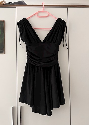 Kikiriki Siyah Drapeli Mini V Yaka Elbise - Görsel 3