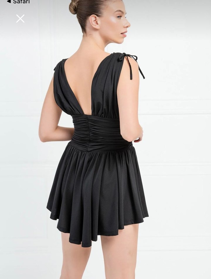 Kikiriki Siyah Drapeli Mini V Yaka Elbise - Görsel 2