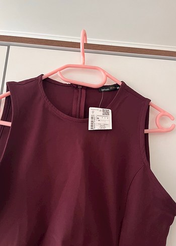 Defacto Bordo Drapeli Mini Kolsuz Kadın Elbise - Görsel 4