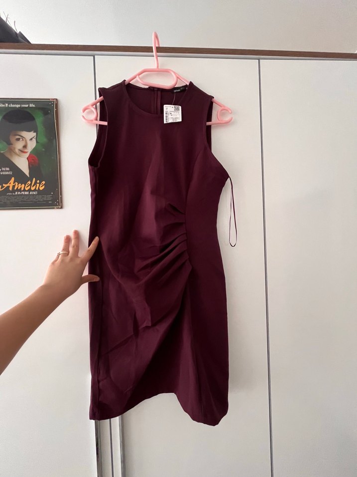 Defacto Bordo Drapeli Mini Kolsuz Kadın Elbise - Görsel 3