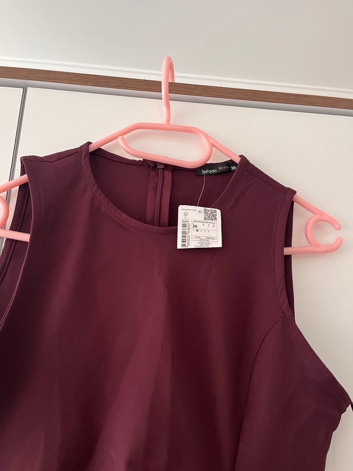 Defacto Bordo Drapeli Mini Kolsuz Kadın Elbise - Görsel 4