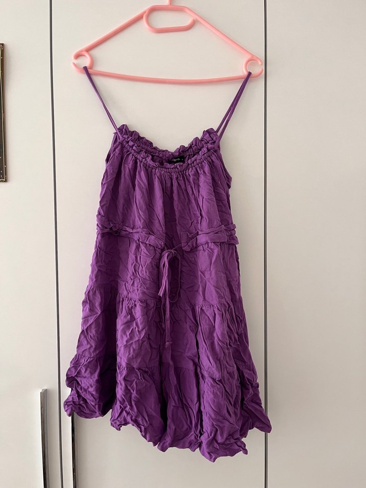 Mor Mini Askılı Fırfırlı Bohem Elbise - Görsel 3
