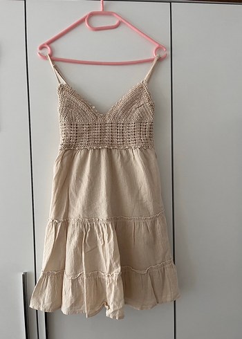 Dantel Detaylı krem Bohem Mini Elbise - Görsel 3