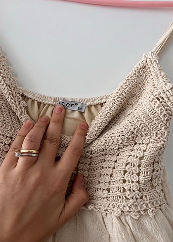 Dantel Detaylı krem Bohem Mini Elbise - Görsel 5