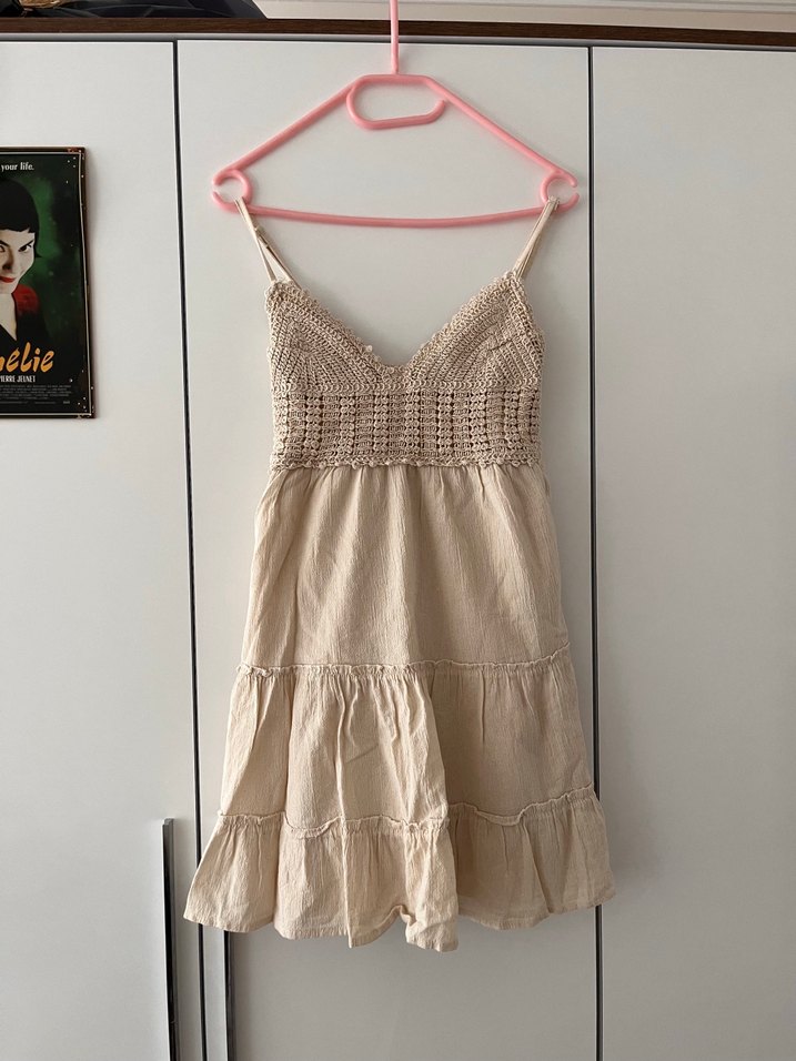 Dantel Detaylı krem Bohem Mini Elbise - Görsel 4