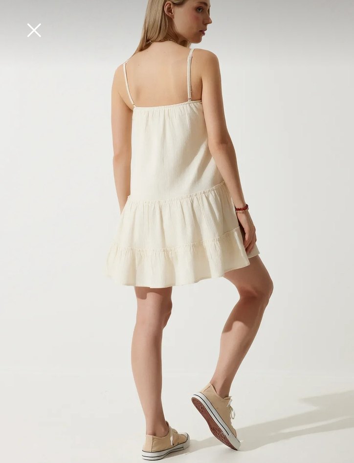 Dantel Detaylı krem Bohem Mini Elbise - Görsel 2