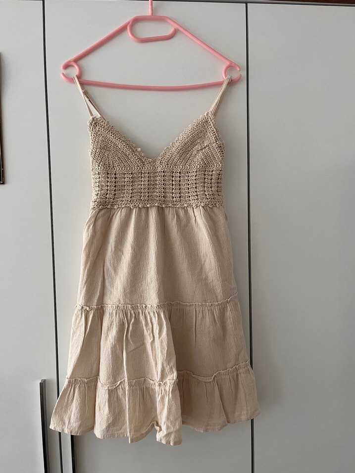 Dantel Detaylı krem Bohem Mini Elbise - Görsel 3