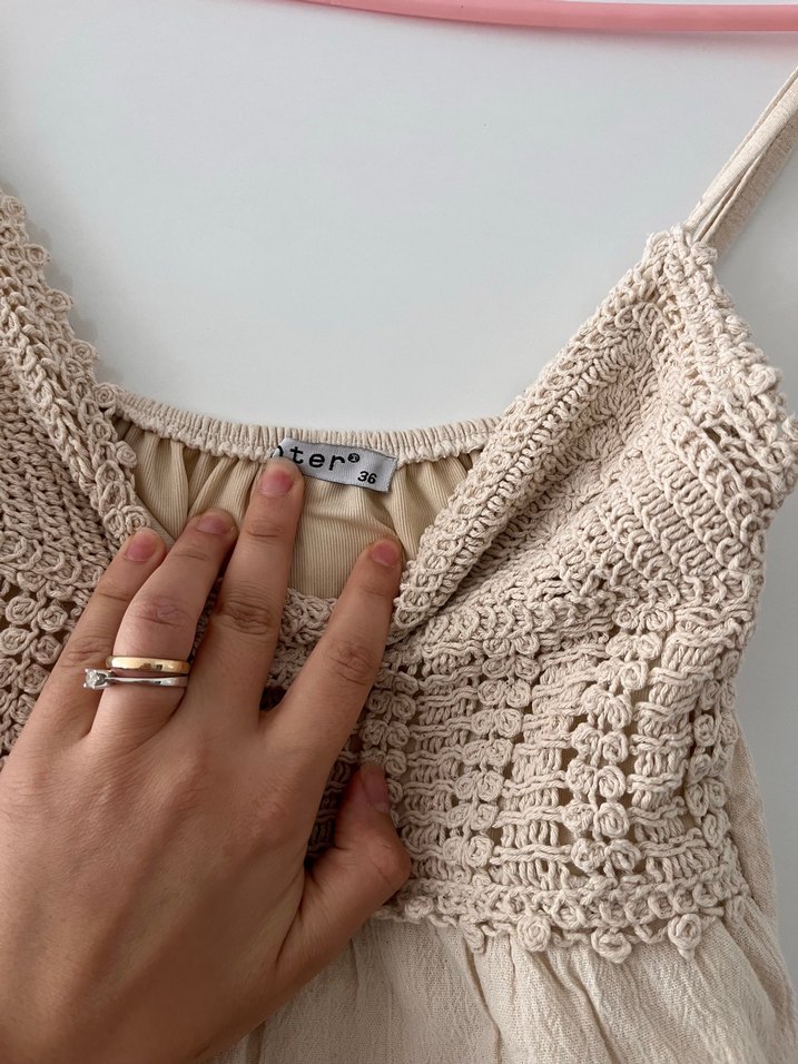 Dantel Detaylı krem Bohem Mini Elbise - Görsel 5