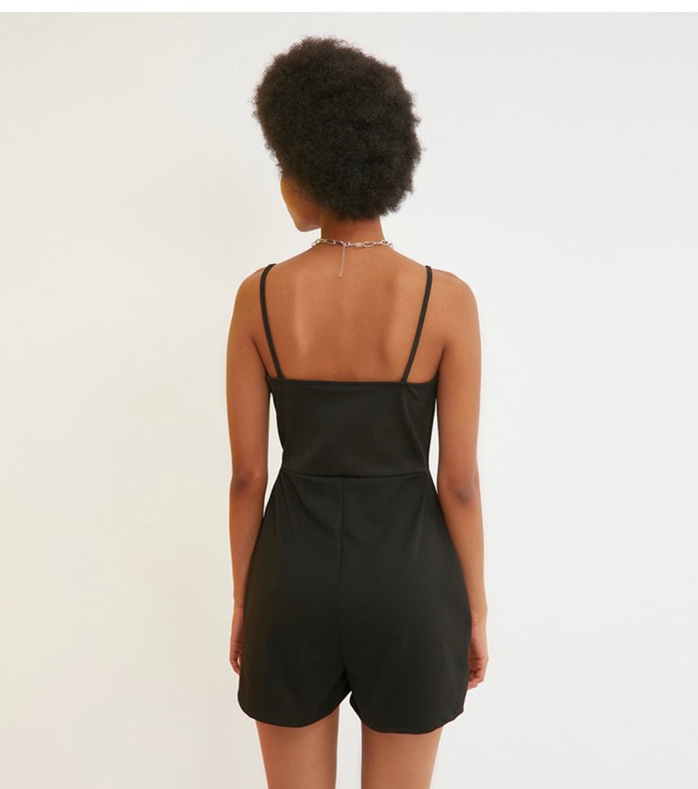 Siyah V Yaka Kısa Kadın Tulum - Görsel 2