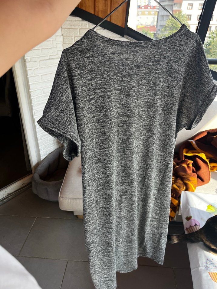 Gri Midi Rahat Keten Elbise - Görsel 3