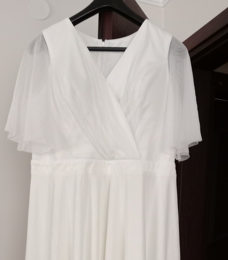 V Yaka Beyaz Uzun Abiye elbise - Görsel 2