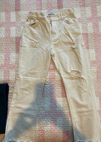 Pull Bear Bej Midi Kadın Kot Pantolon Rahat Kesim
