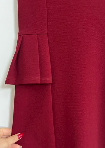 Batik Bordo Midi V Yaka Kısa Kollu Elbise