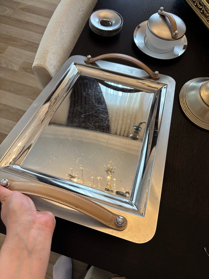 Bej Saplı Gri Metal Tepsi - Görsel 4