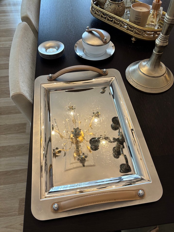 Bej Saplı Gri Metal Tepsi - Görsel 3