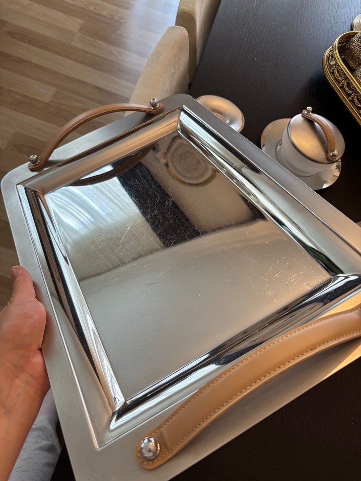 Bej Saplı Gri Metal Tepsi - Görsel 5