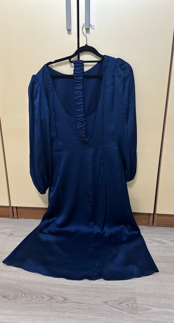 Uzun Lacivert Saten Elbise - Görsel 4