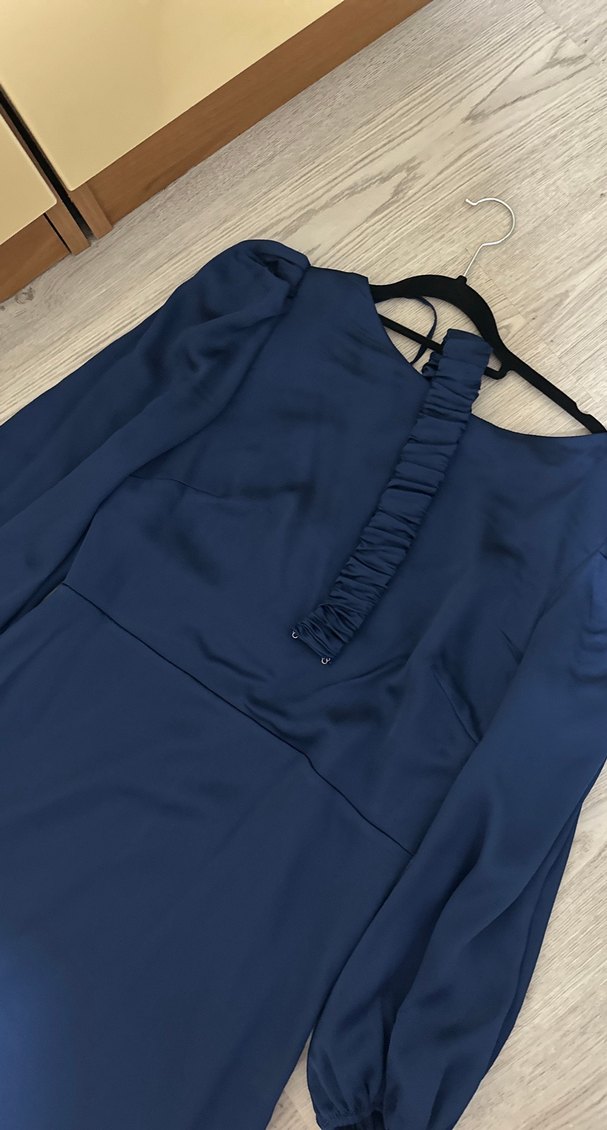 Uzun Lacivert Saten Elbise - Görsel 2